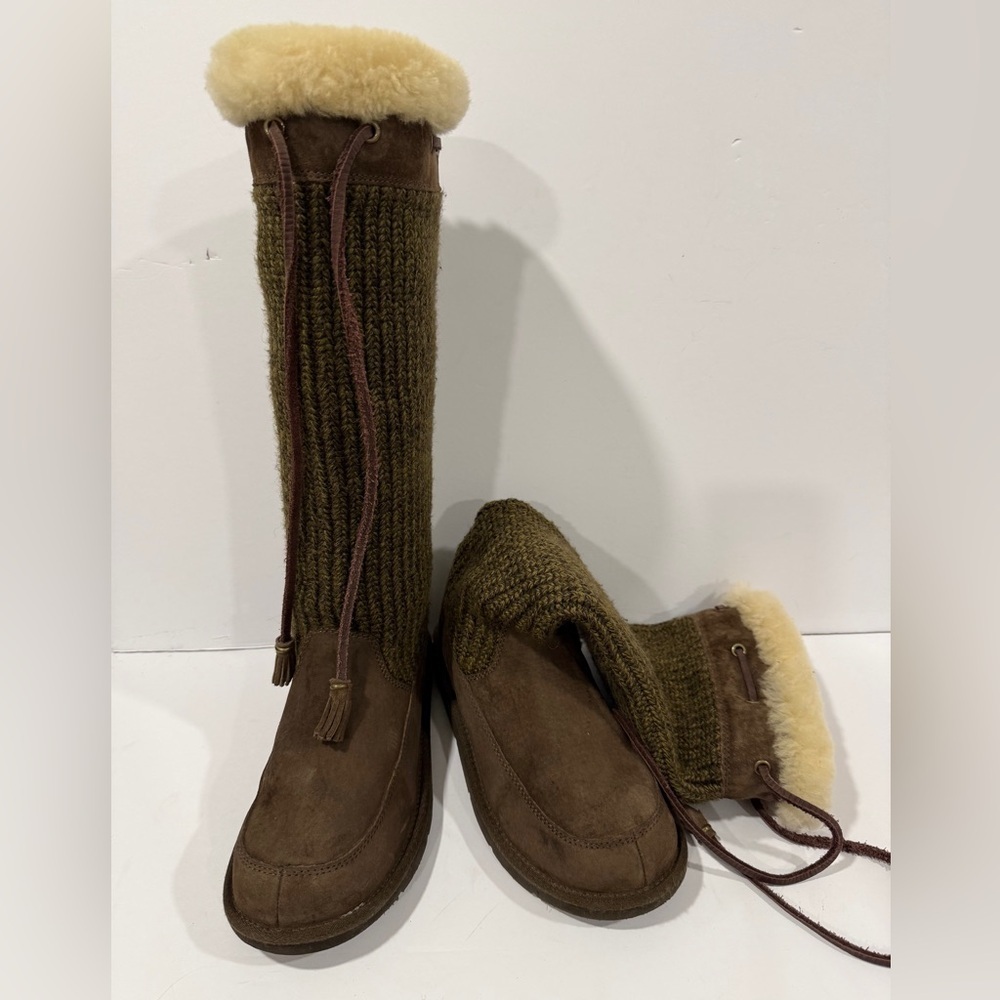 UGG Australia Tall Knit Shearling Boots Brown Leather Tassel Women’s 6 - Picture 11 of 13